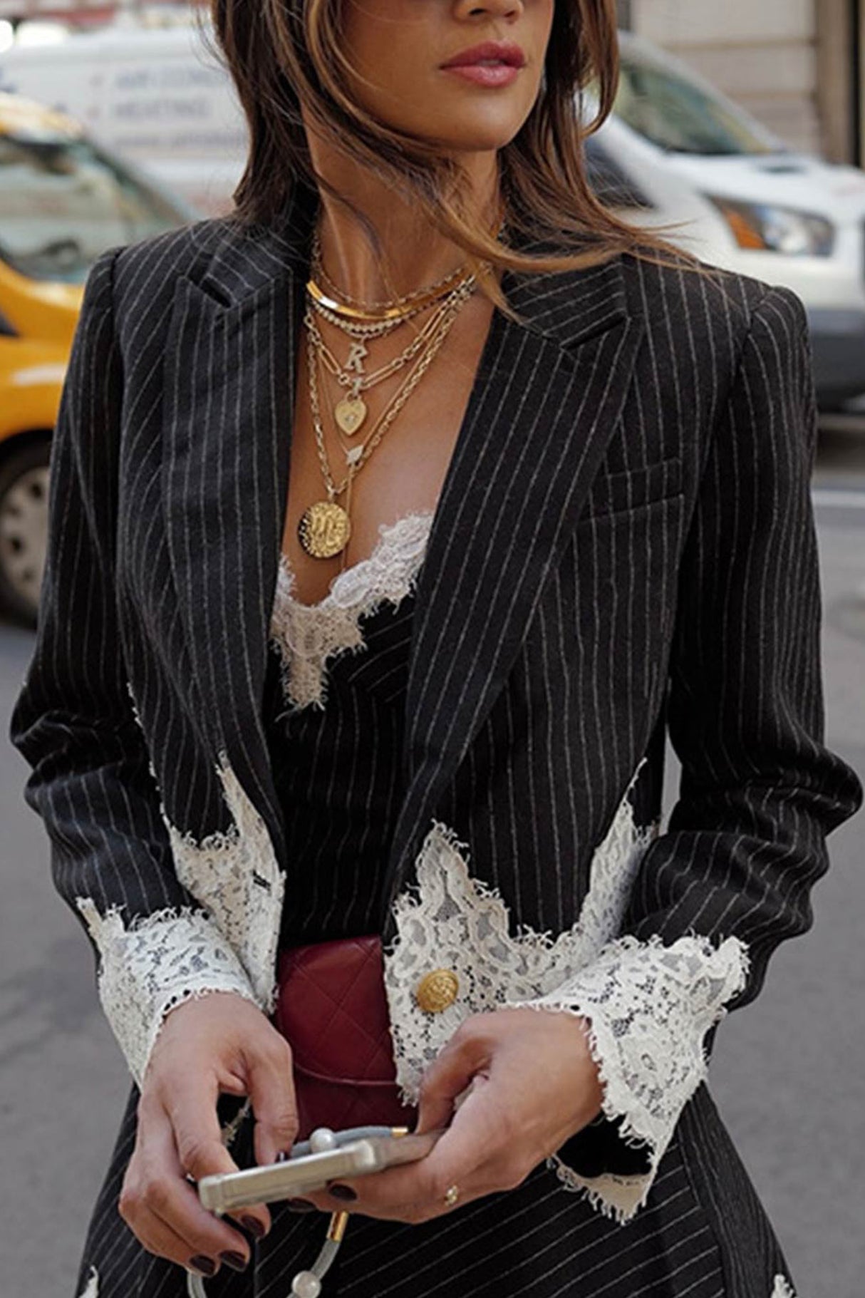 Arolora Lace Patchwork Striped Cami Dress Blazer Two-piece Outfits