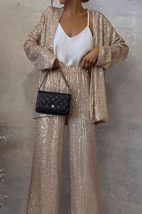 Arolora Sequin Long Sleeve Blazer Flare Long Pants Set