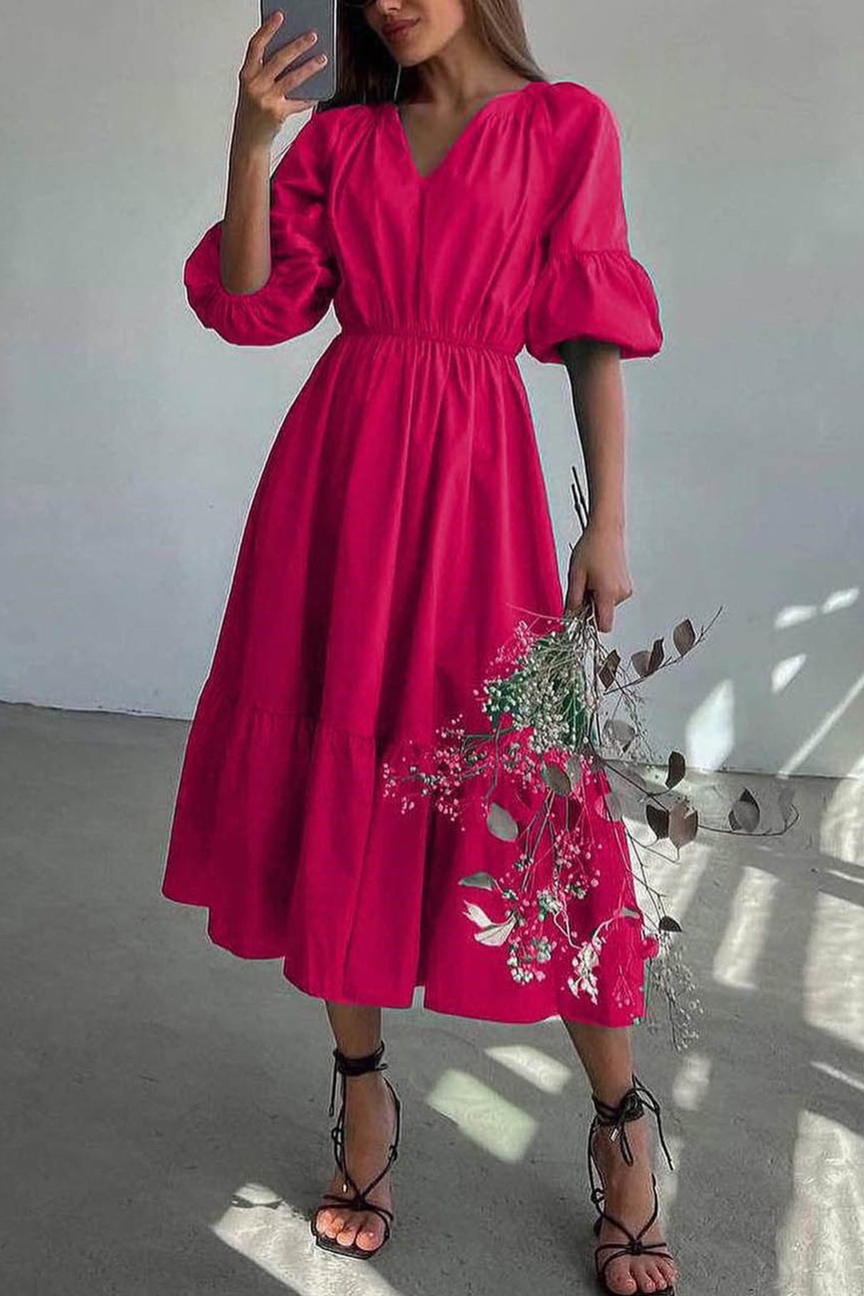 Arolora Half Sleeve V Neck High Waist Midi Dress