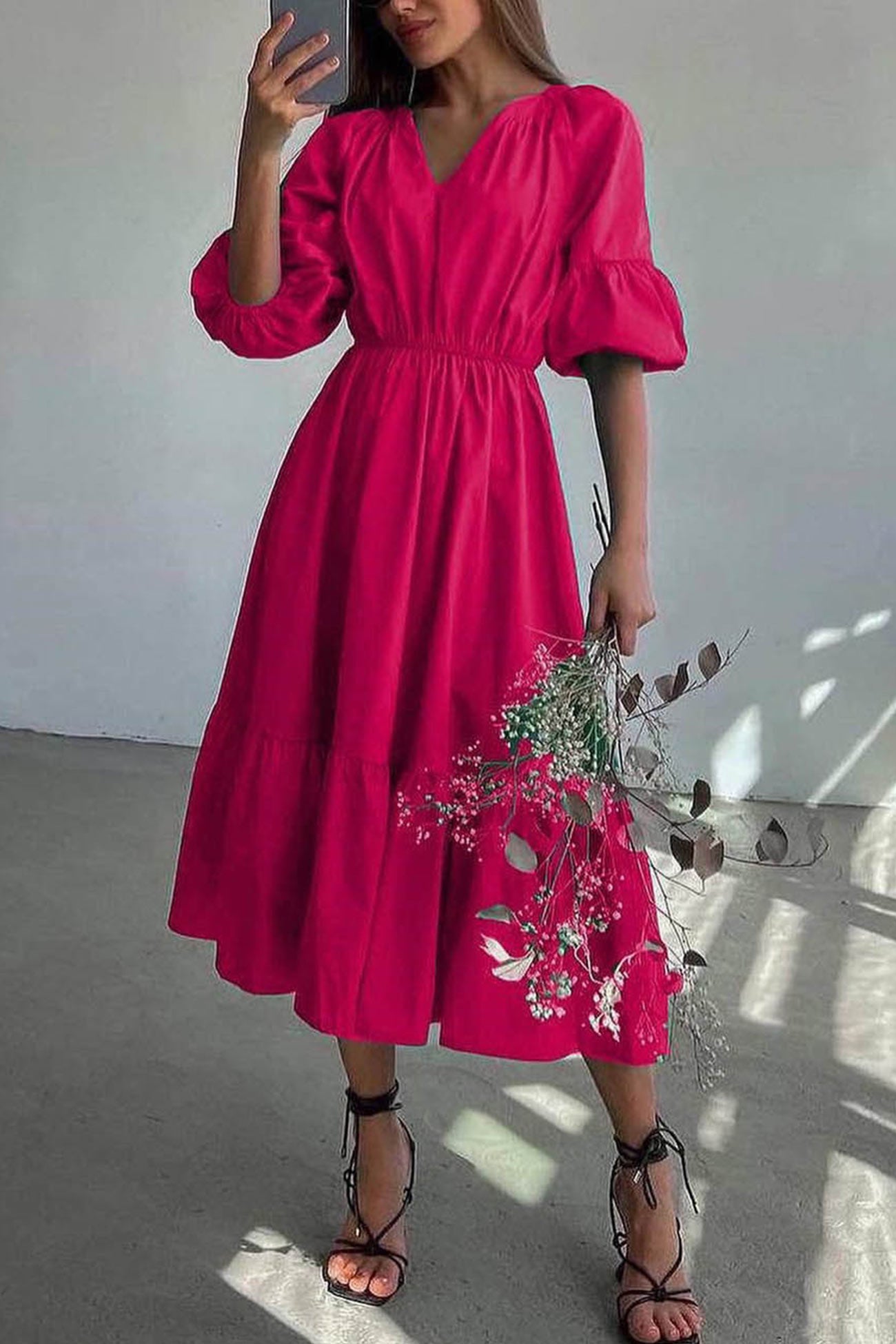 Arolora Half Sleeve V Neck High Waist Midi Dress