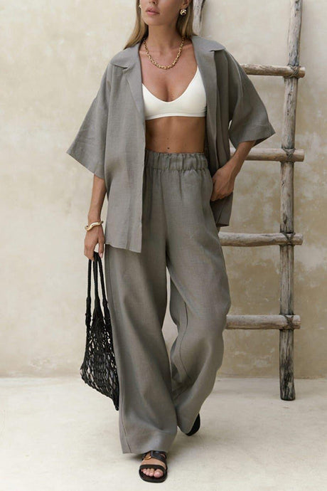 Arolora Solid Color Cotton Half Sleeve Blouse Pants Set