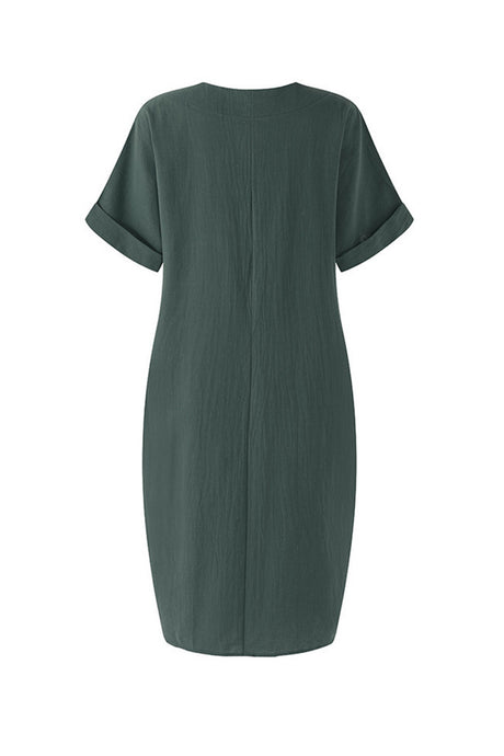 Arolora V-Neck Short Sleeve Pocketed Cotton Dress