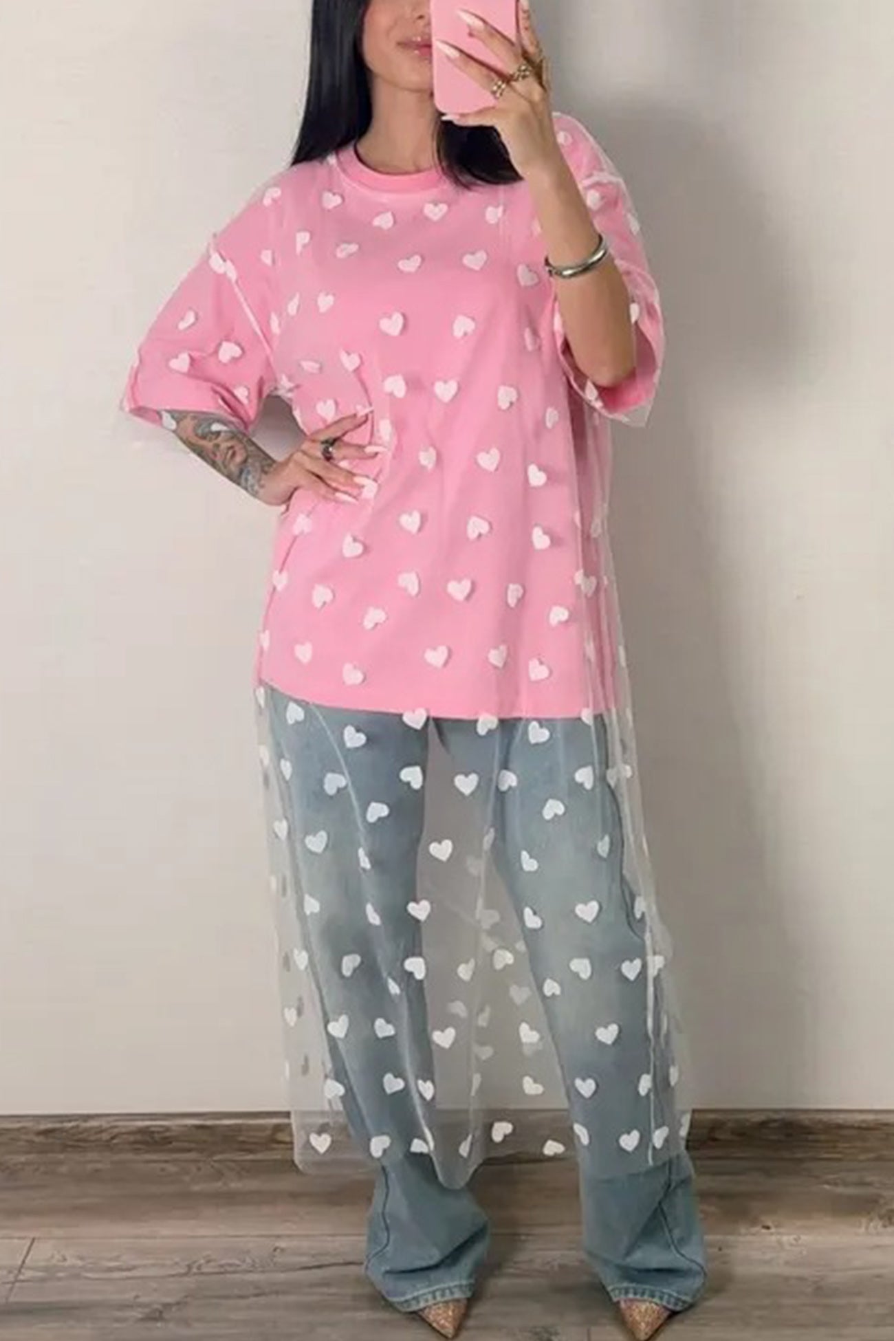 Arolora Heart Print Mesh Patchwork T-shirt Dress