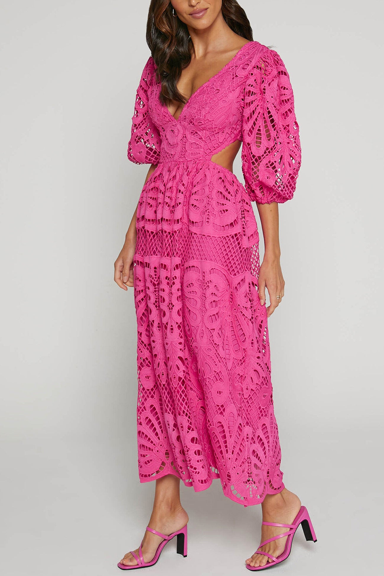 Arolora V-neck Lace Embroidery Hollow Waist Dress