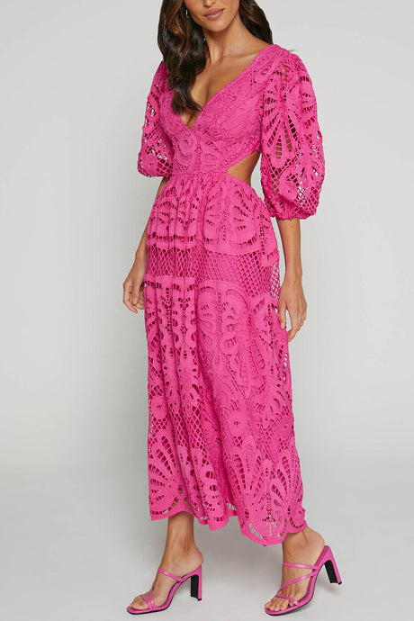 Arolora V-neck Lace Embroidery Hollow Waist Dress