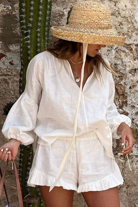 Arolora V-neck Lantern Sleeve Cotton Shirt Set
