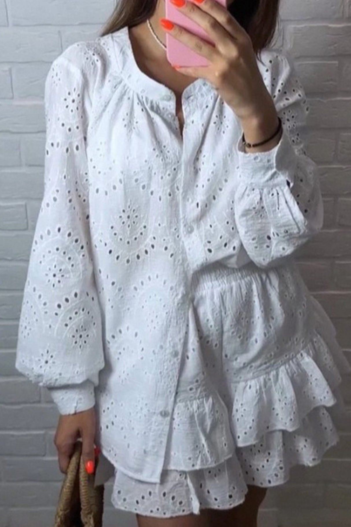 Arolora Hollow-out Jacquard Blouse Tiered Shorts Set