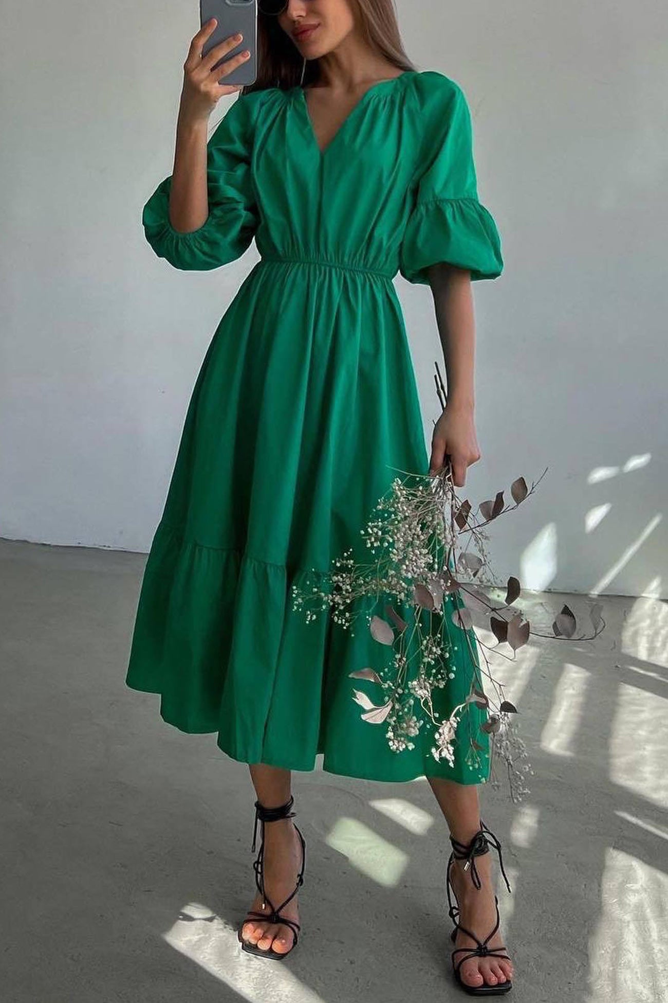 Arolora Half Sleeve V Neck High Waist Midi Dress