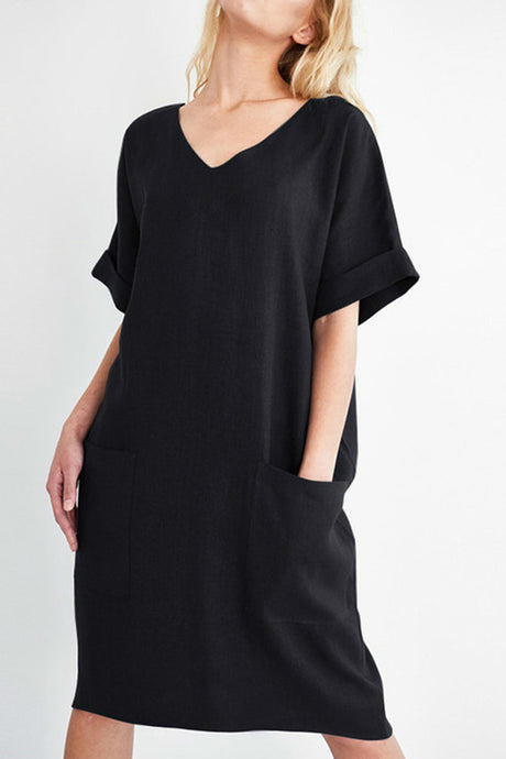 Arolora V-Neck Short Sleeve Pocketed Cotton Dress