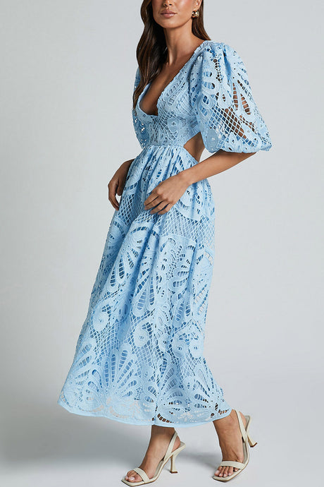 Arolora V-neck Lace Embroidery Hollow Waist Dress
