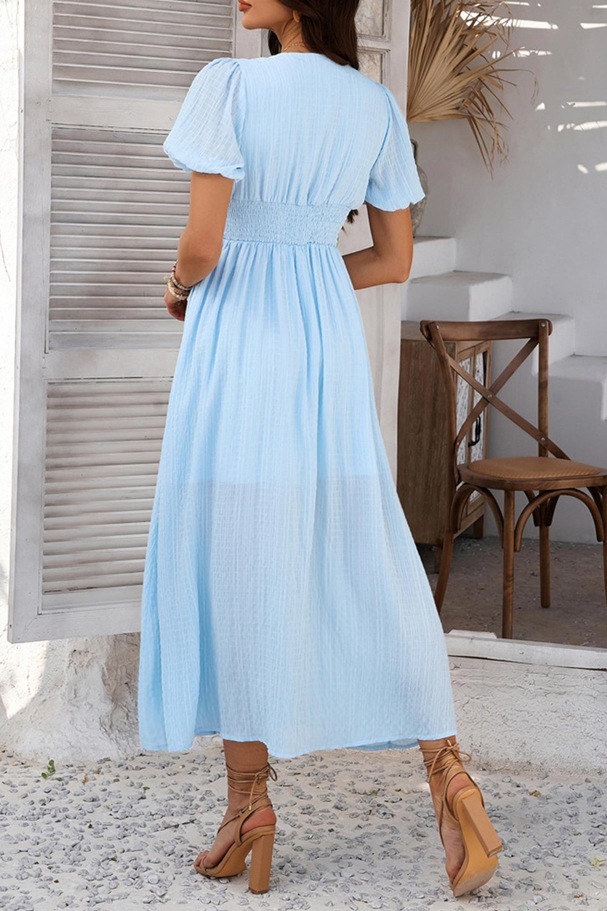 Arolora Puff Sleeve Single Breasted Slit Dress