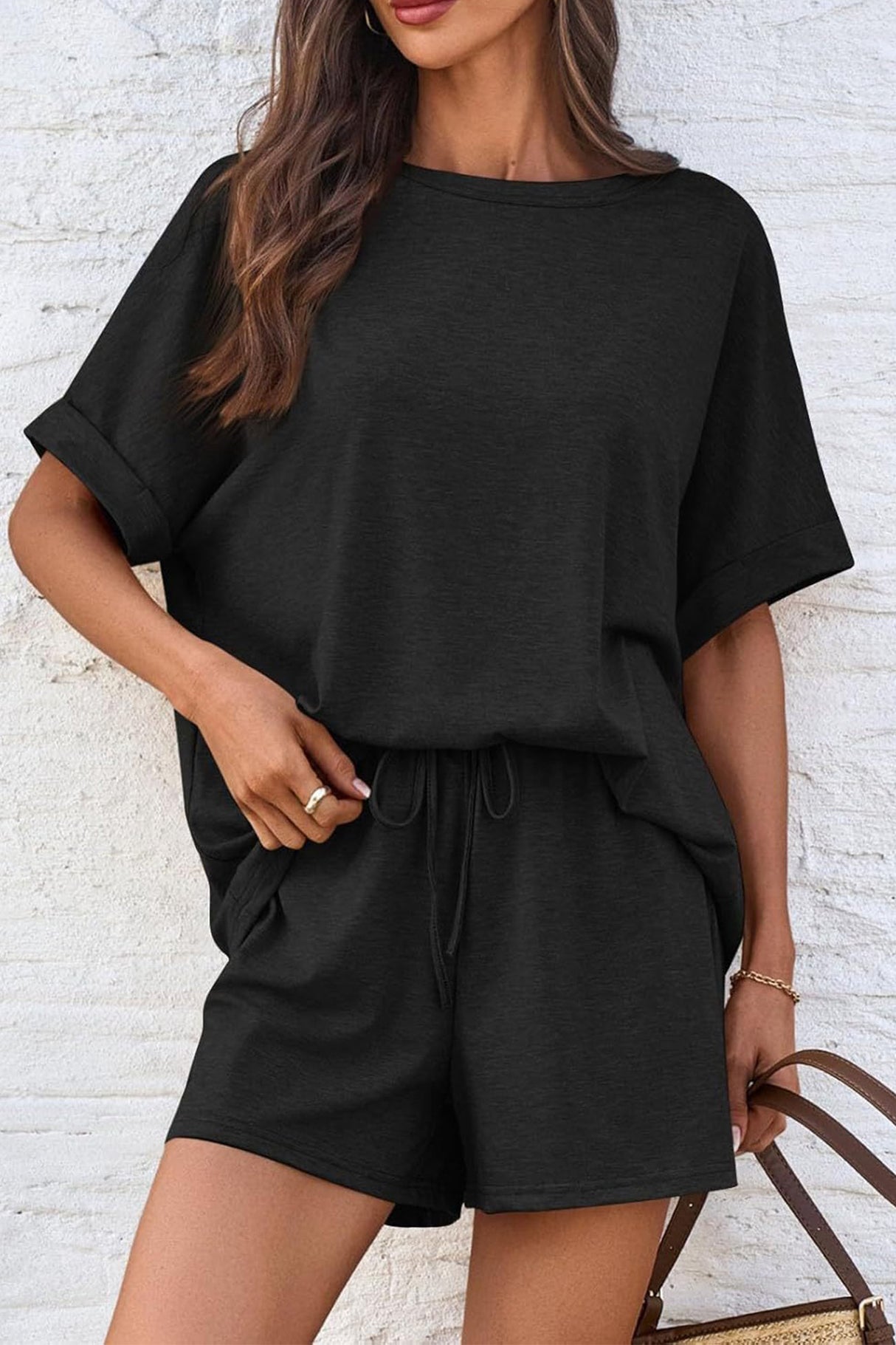 Arolora Solid Color Bat Sleeve T-shirt Shorts Set