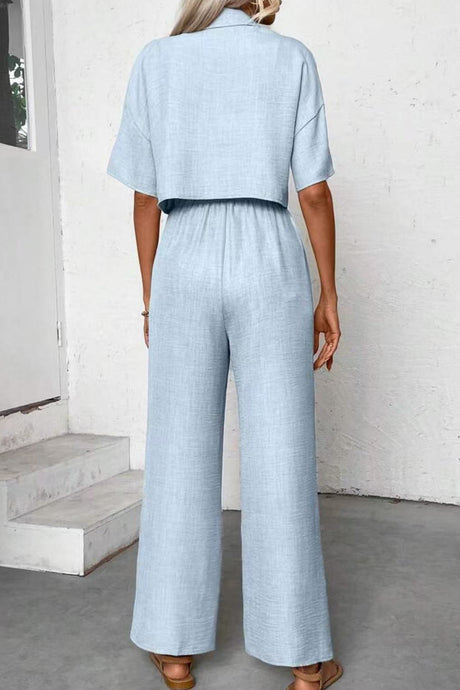 Button-down Crop Shirt Long Pants Set