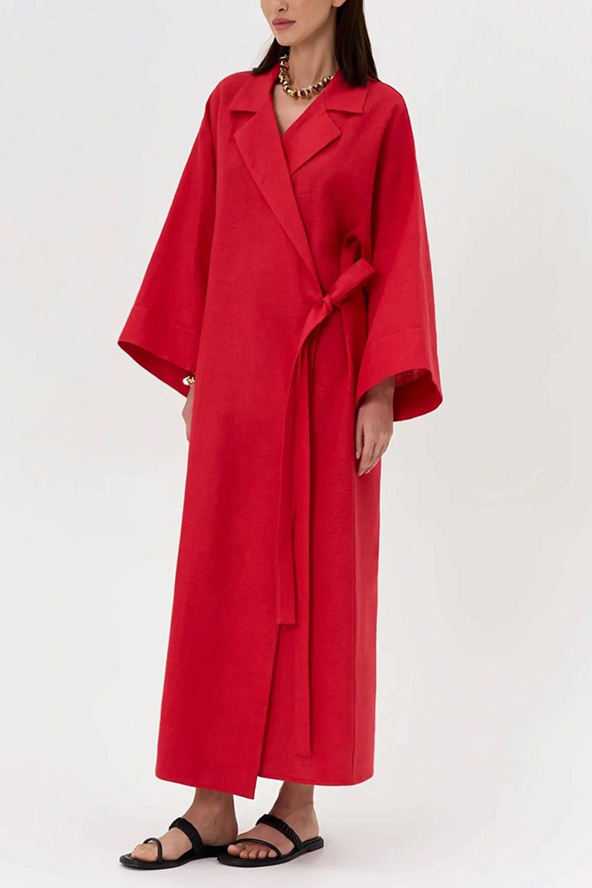 Lapel Tie-up Cotton Linen Dress