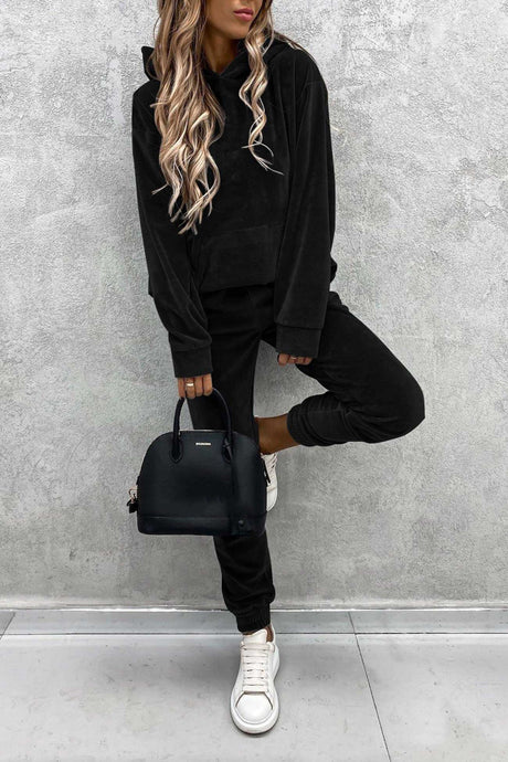 Velour Solid Color Hoodie Long Pants Set