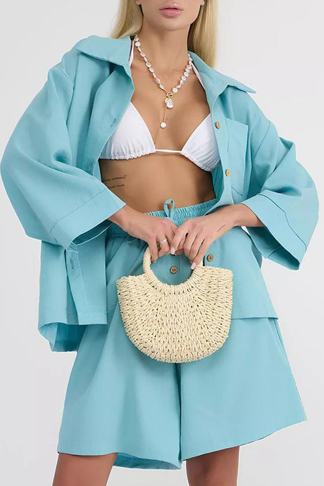 Solid Color Shirt Single-breasted Bermuda Shorts Set