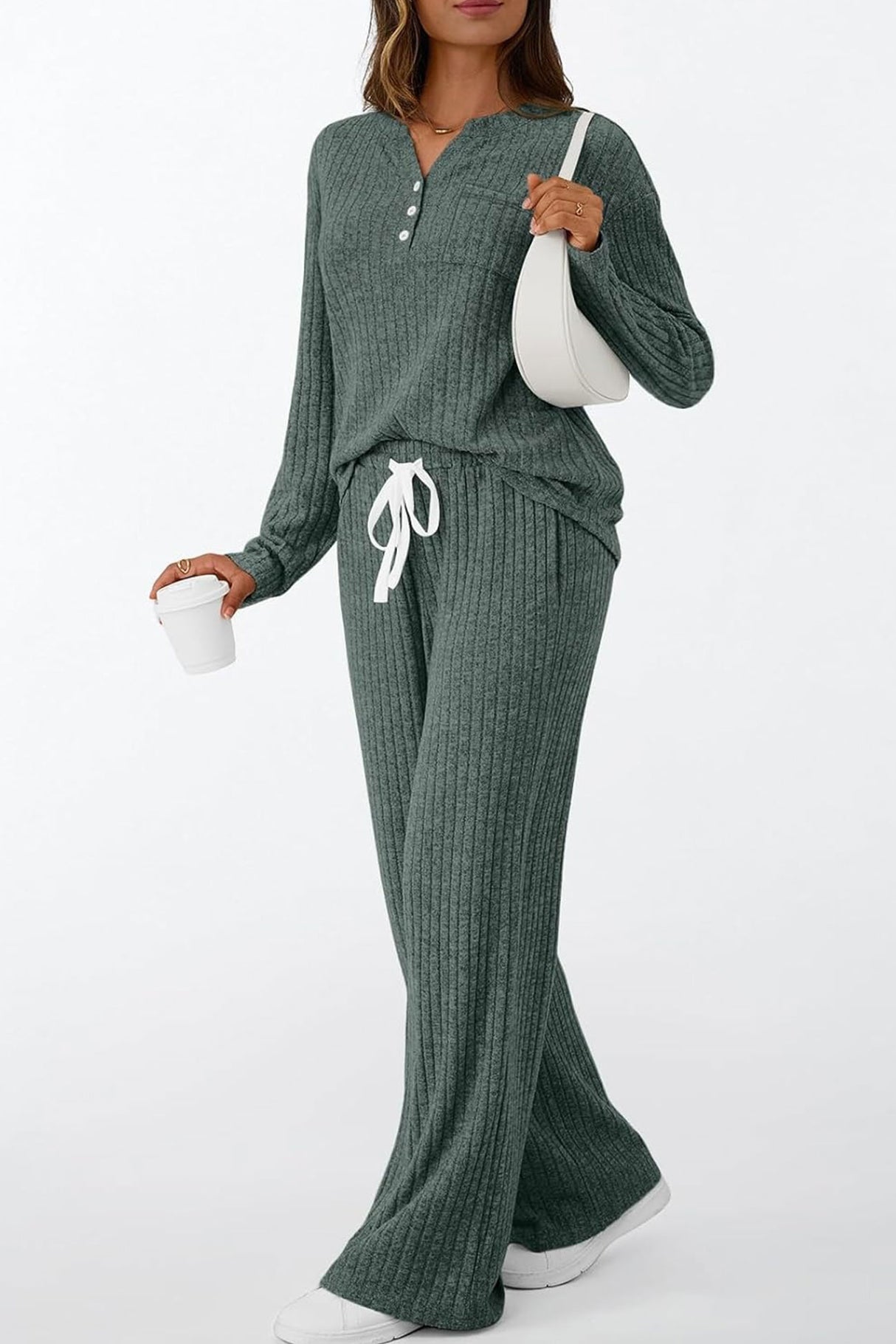 Ribbed Pitted Brushed Two Piece Pants Set