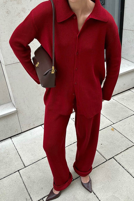 Lapel Button-down Ribbed Knit Two-piece Set