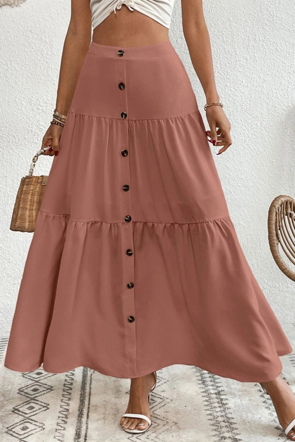 Single-breasted Solid Color Tiered Maxi Skirt
