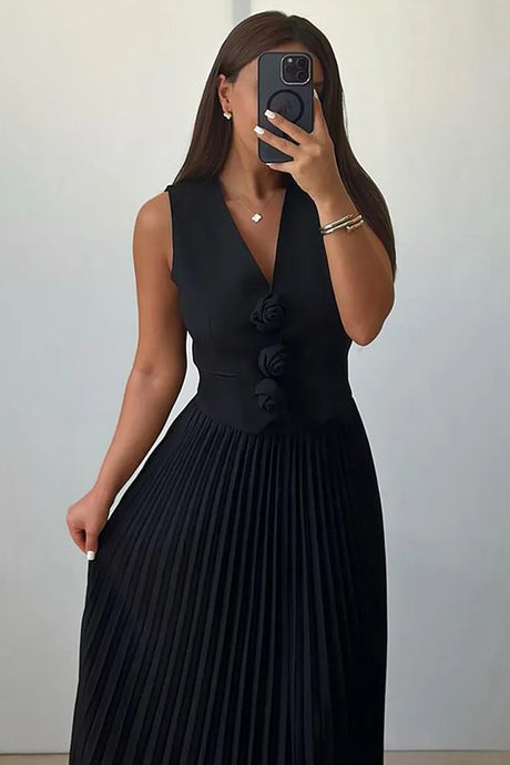 3D Floral Vest Pleated Maxi Skirt Set