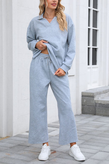 Lapel Long Sleeve Textured Sweashirt Set