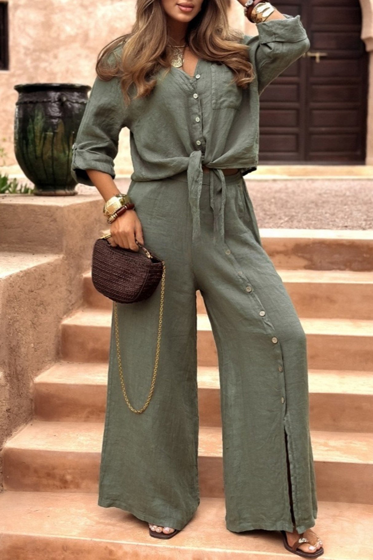 Tie-up Shirt Single-breasted Long Pants Set