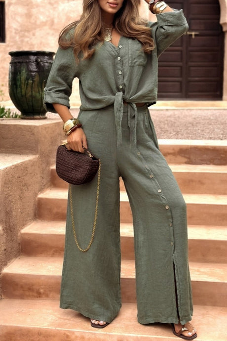 Tie-up Shirt Single-breasted Long Pants Set