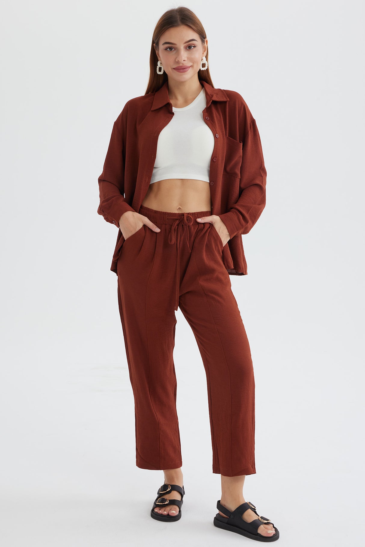 Long Sleeve Solid Color Shirt Long Pants Set