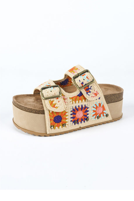 Boho Floral Embroidery Platform Sandals