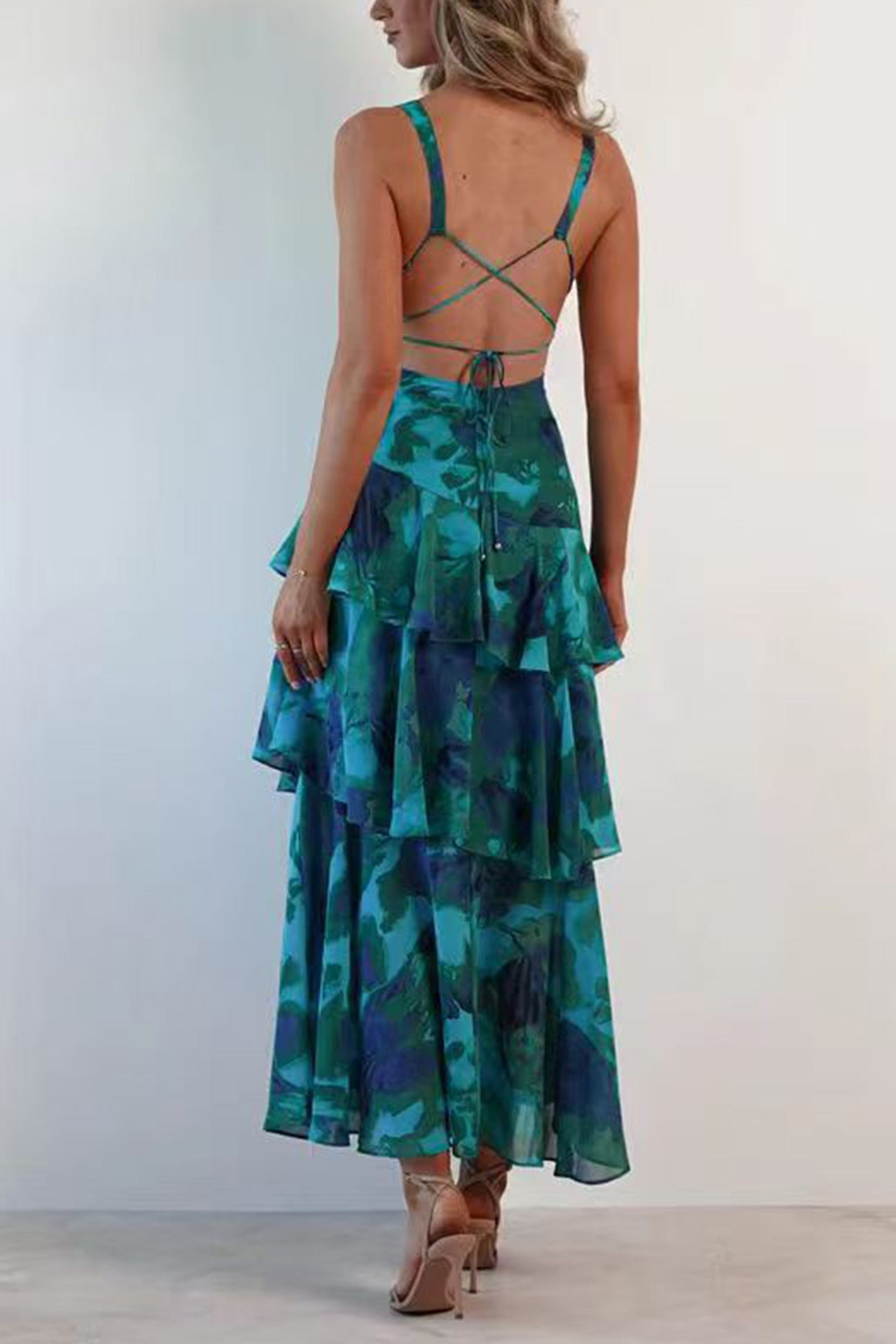 Arolora Floral Print Tie-up Back Chiffon Tiered Dress