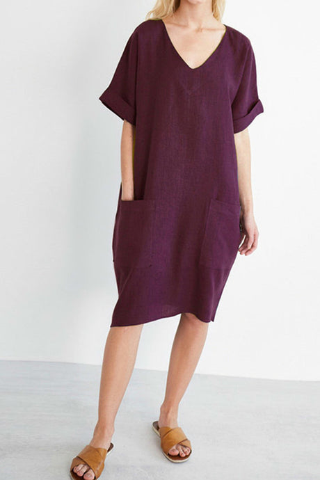 Arolora V-Neck Short Sleeve Pocketed Cotton Dress