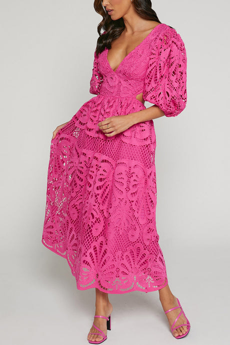 Arolora V-neck Lace Embroidery Hollow Waist Dress