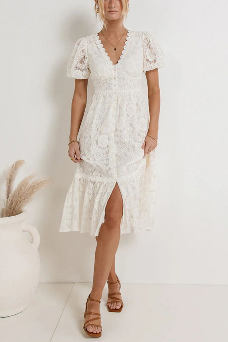 Arolora Lace Single-breasted Midi Dress