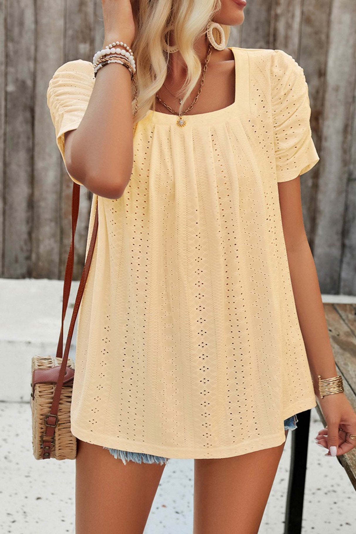 Arolora Square Neck Puff Sleeve Hollow Out Blouse