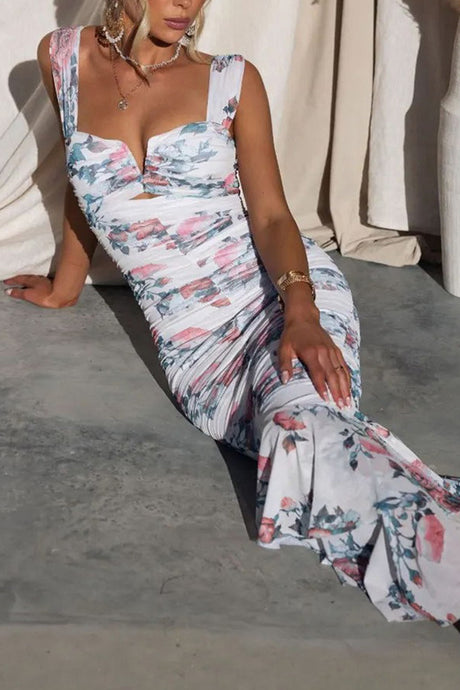 Arolora Floral Print Ruched Fishtail Dress
