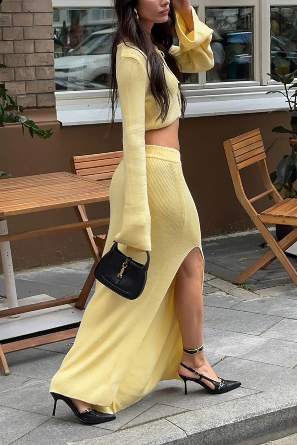 Tie-up Flare Sleeve Cardigan Knitted Skirt Set