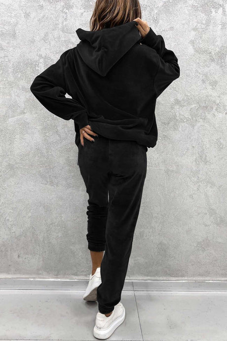 Velour Solid Color Hoodie Long Pants Set