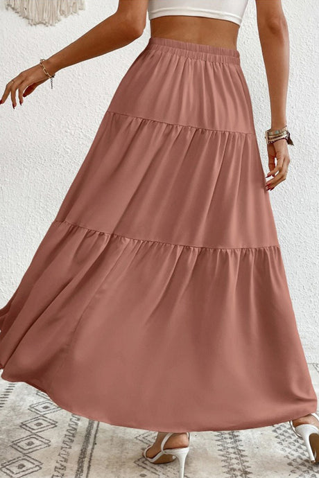 Single-breasted Solid Color Tiered Maxi Skirt