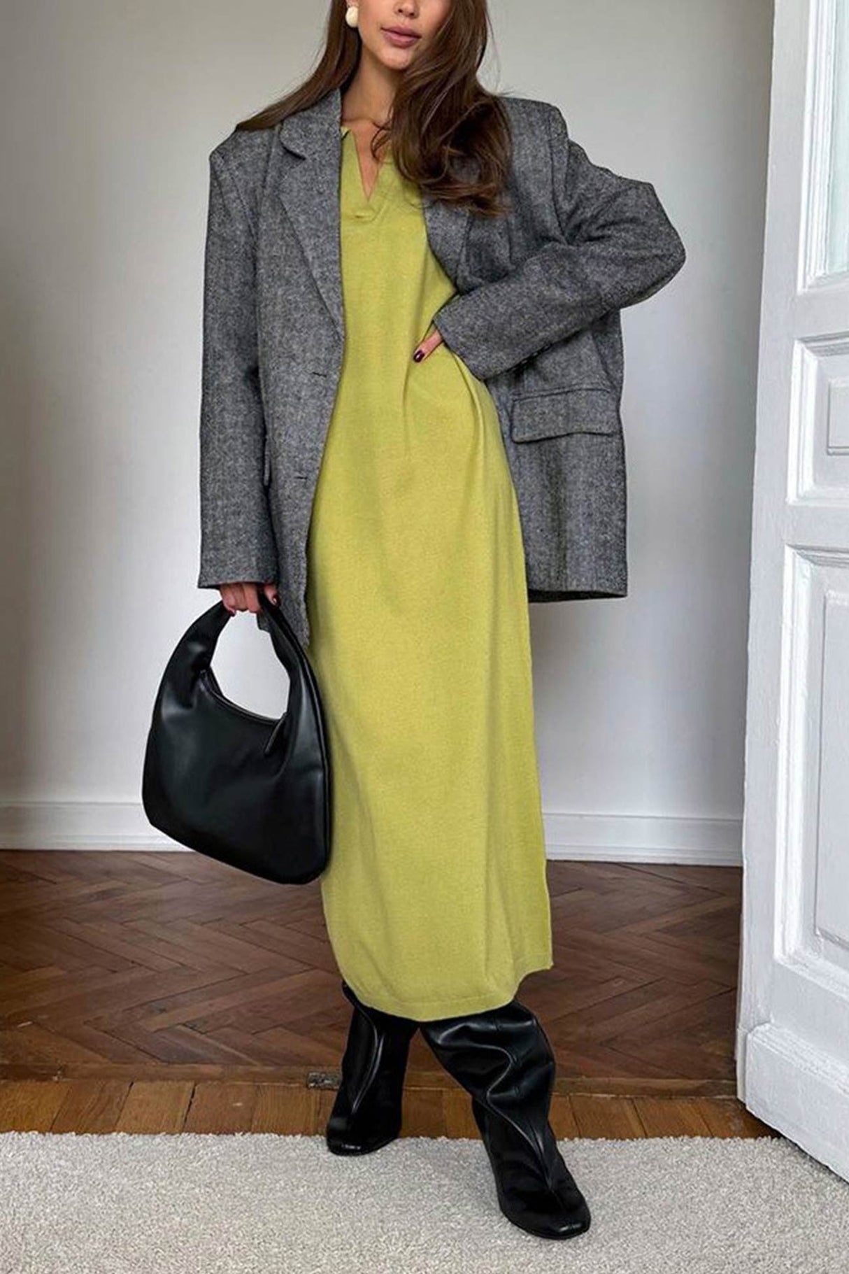 Lapel Long Sleeve Loose Knit Dress