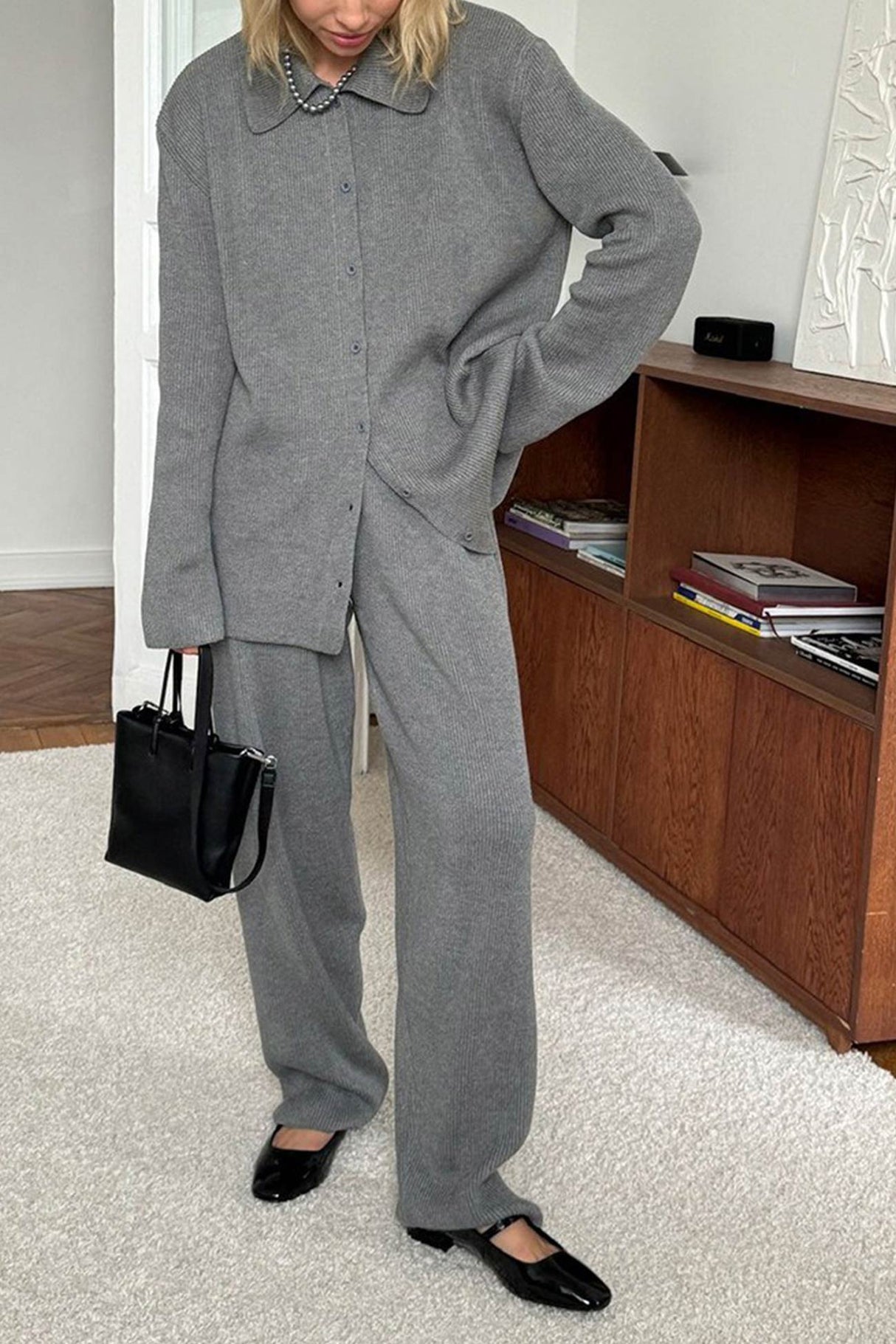 Lapel Button-down Ribbed Knit Two-piece Set