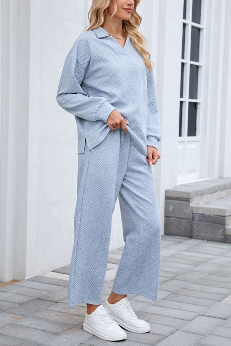 Lapel Long Sleeve Textured Sweashirt Set