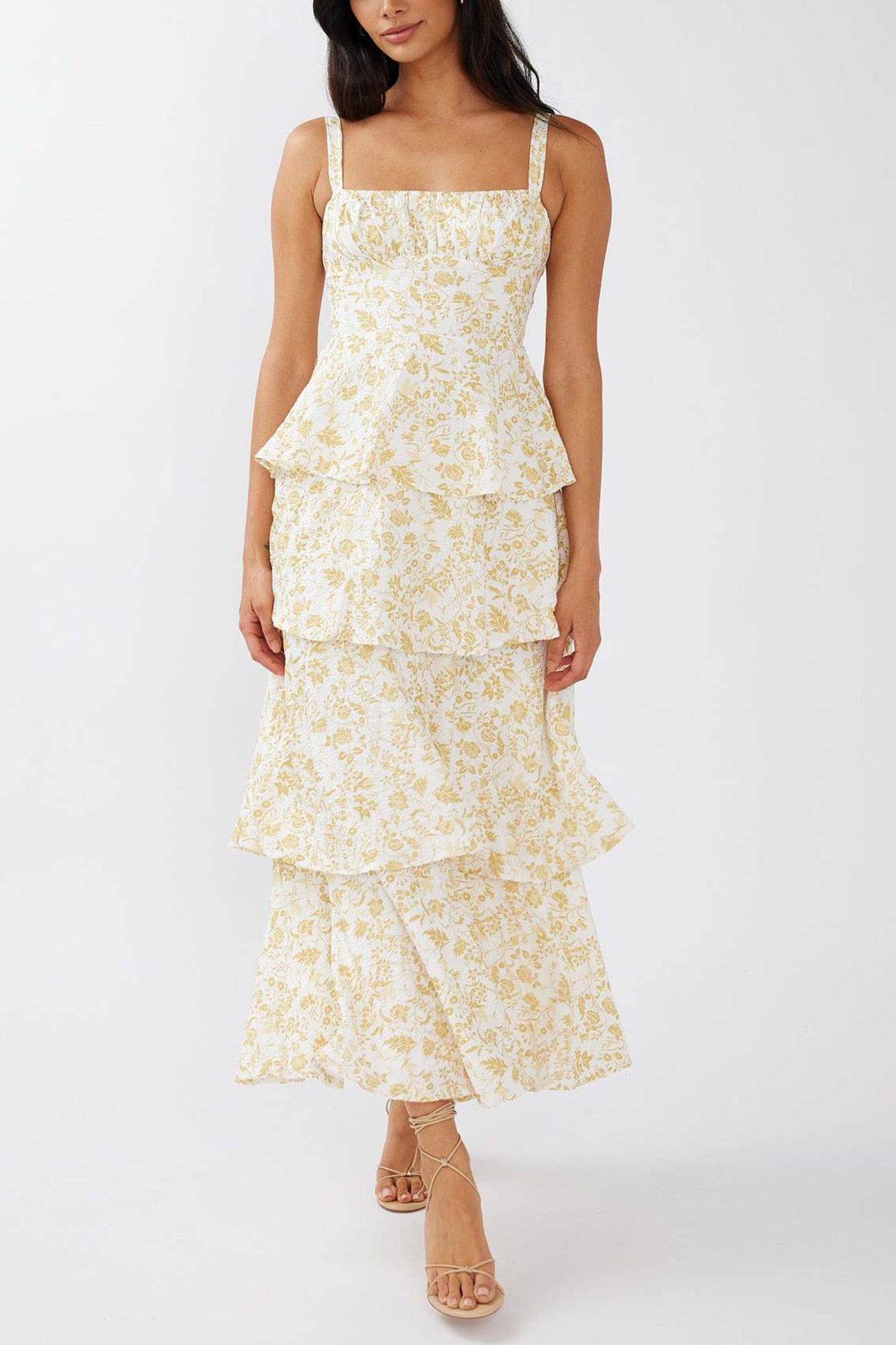 Arolora Floral Print Tie-up Tiered Midi Dress