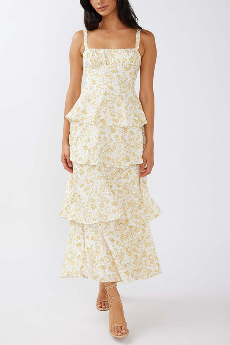 Arolora Floral Print Tie-up Tiered Midi Dress