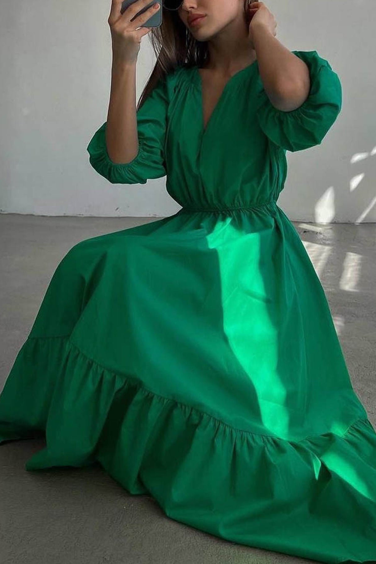 Arolora Half Sleeve V Neck High Waist Midi Dress