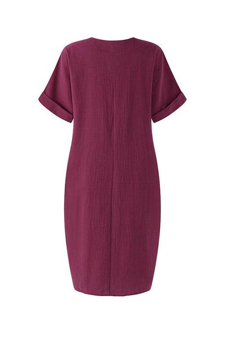 Arolora V-Neck Short Sleeve Pocketed Cotton Dress