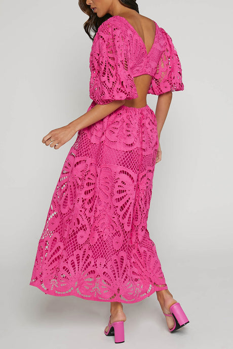 Arolora V-neck Lace Embroidery Hollow Waist Dress