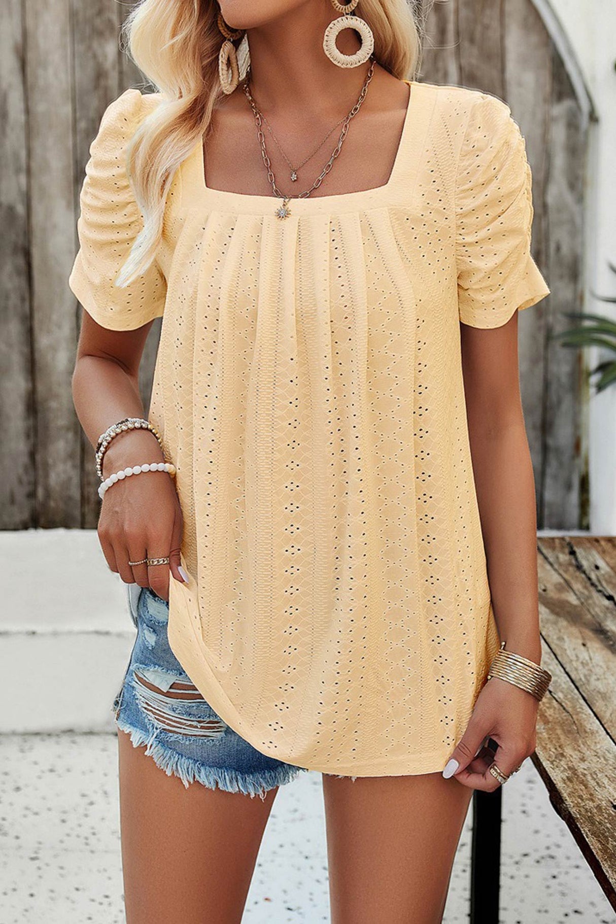 Arolora Square Neck Puff Sleeve Hollow Out Blouse