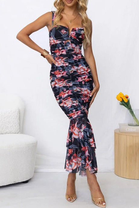 Arolora Floral Print Ruched Fishtail Dress