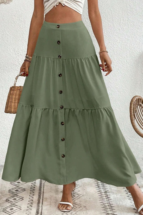 Single-breasted Solid Color Tiered Maxi Skirt