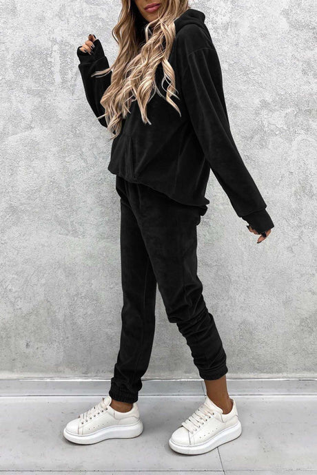 Velour Solid Color Hoodie Long Pants Set